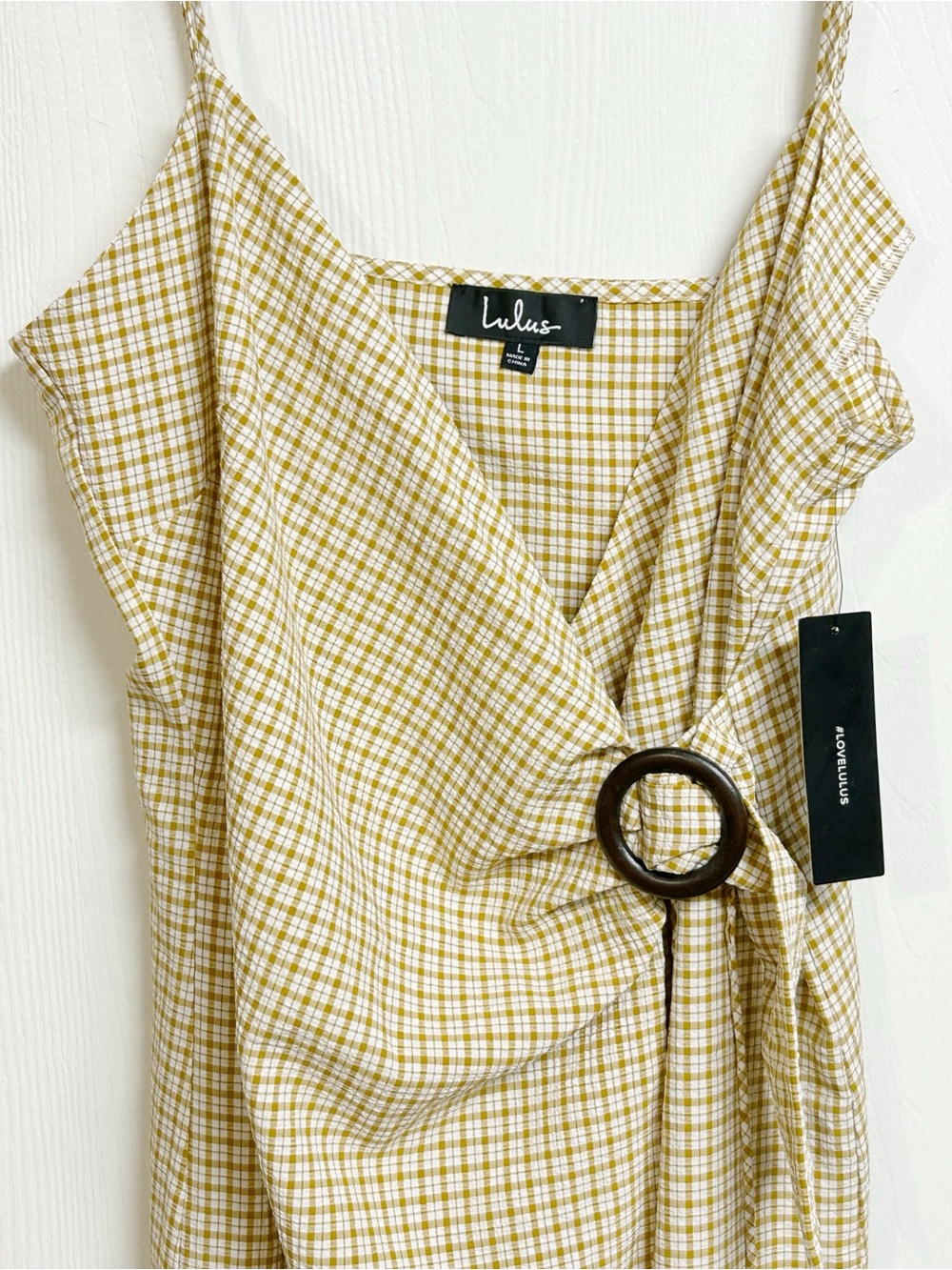 Lulus Sunshine On the Mind Mustard Yellow Gingham Wrap Midi Dress Large NWT - Picture 2 of 9